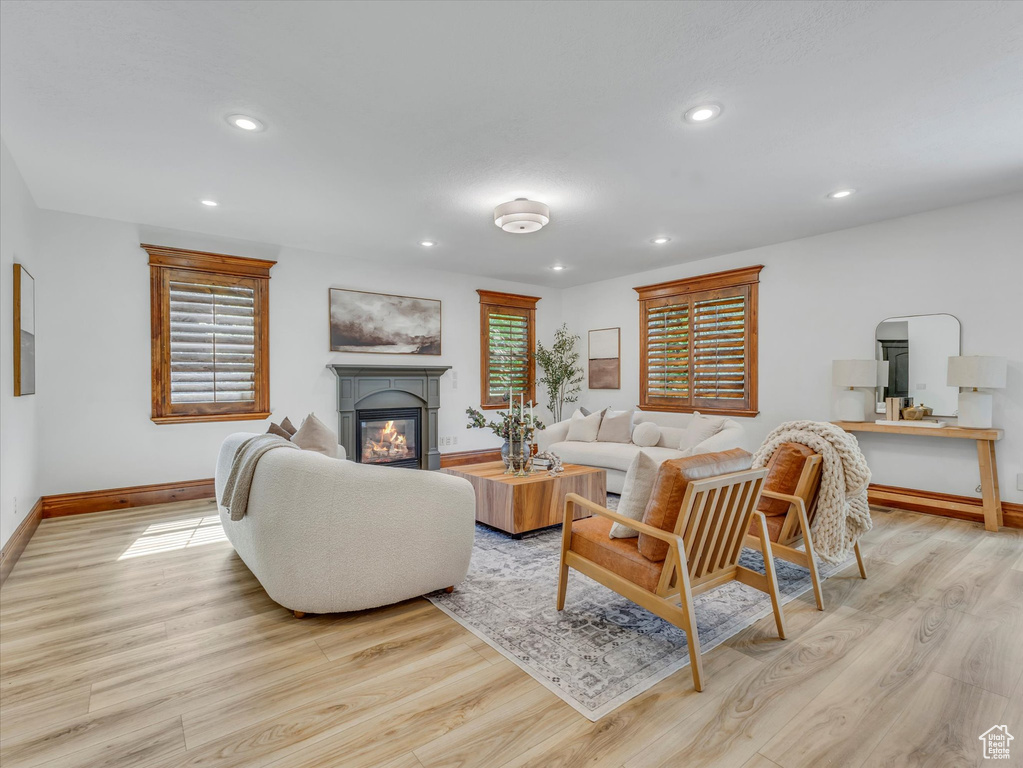 Living area featuring light wood-style floors, a glass covered fireplace, and recessed lighting
