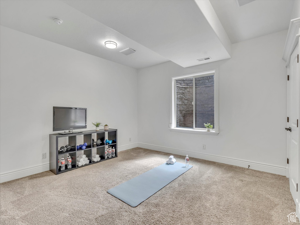 Workout area featuring carpet flooring
