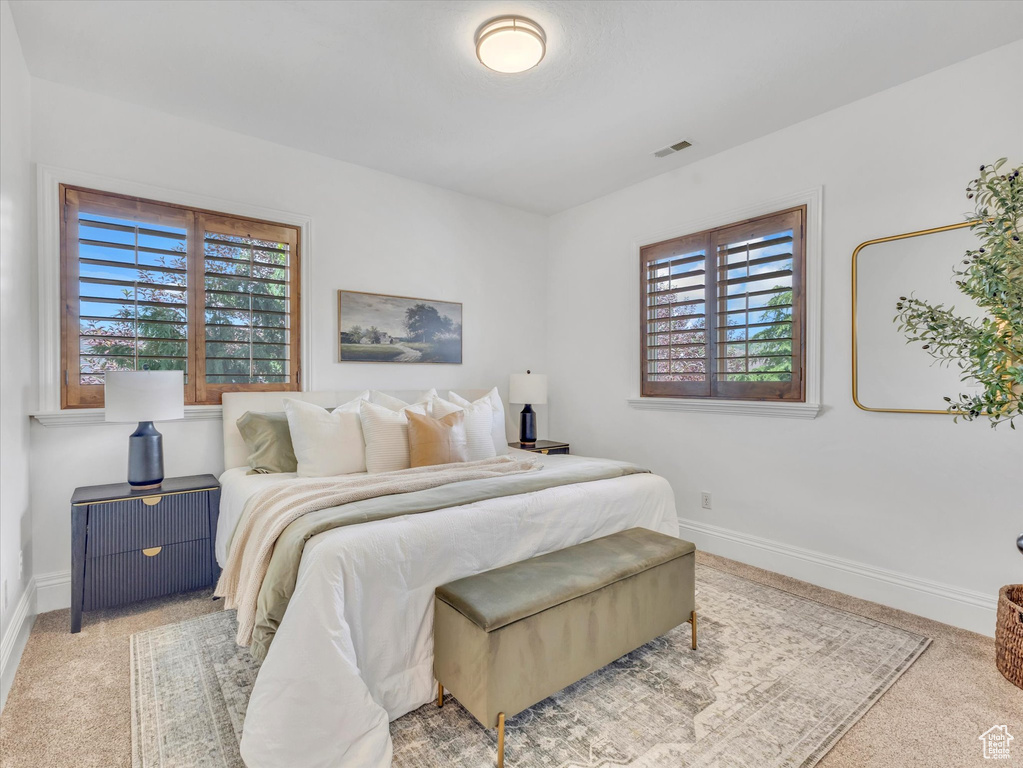 Bedroom with multiple windows and light colored carpet