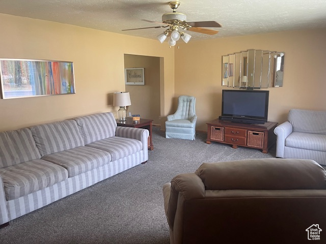 Living area featuring carpet flooring and a ceiling fan