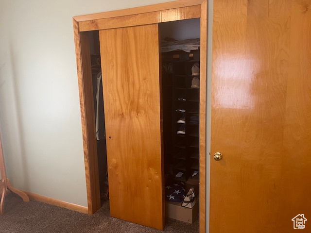 Unfurnished bedroom featuring a closet and carpet floors