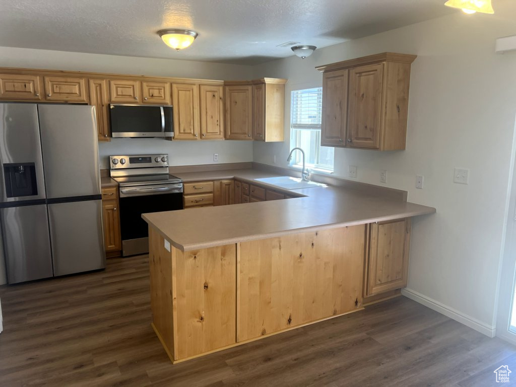 Kitchen featuring stainless steel appliances, dark wood-style floors, a peninsula, and light brown cabinets