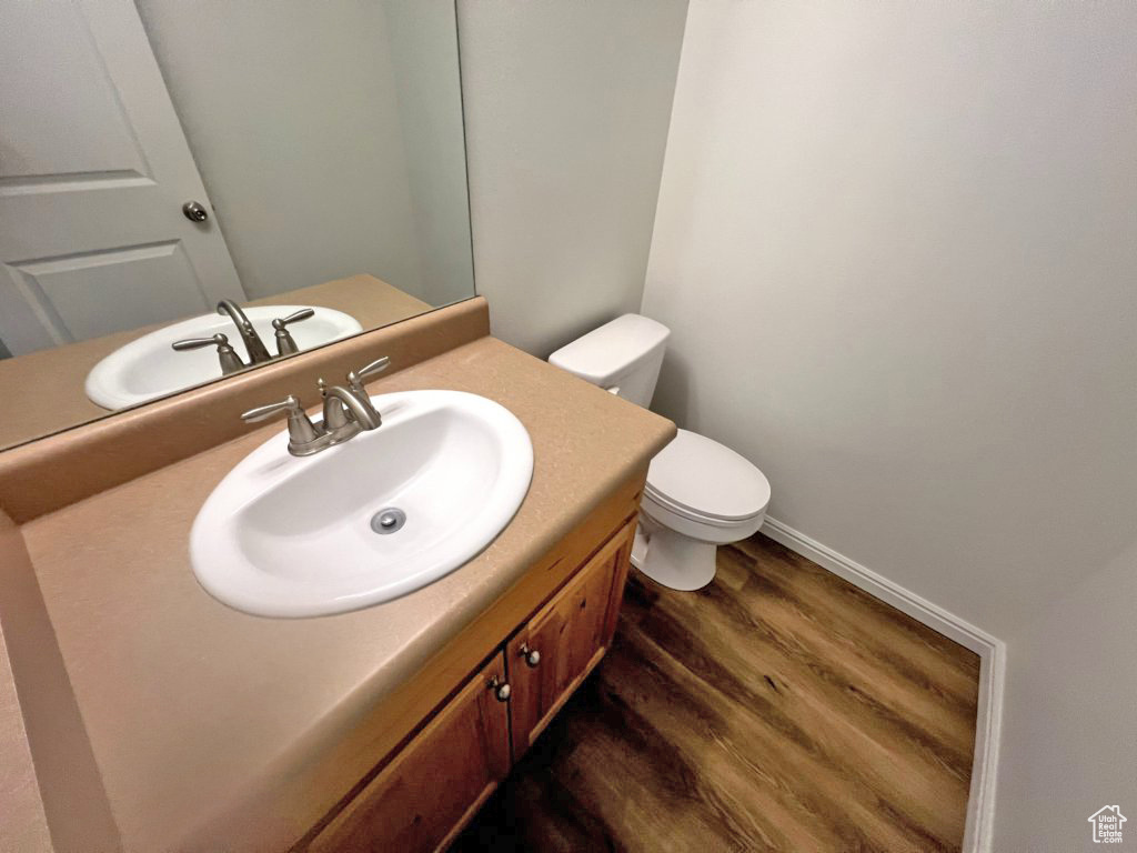 Bathroom featuring wood finished floors and vanity