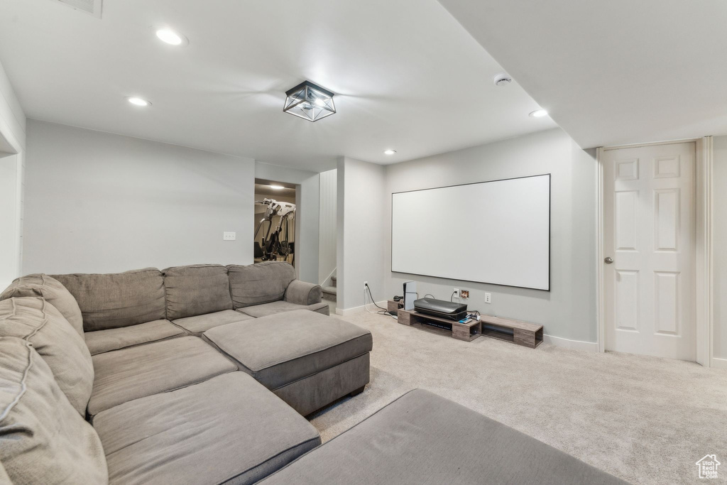 Cinema featuring carpet flooring, recessed lighting, and baseboards