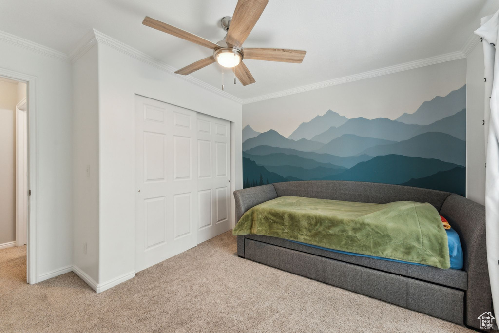 Bedroom with carpet, crown molding, a closet, a mountain view, and baseboards