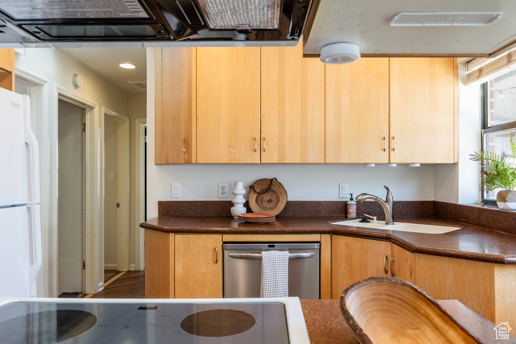 Kitchen with dishwasher, dark countertops, and freestanding refrigerator