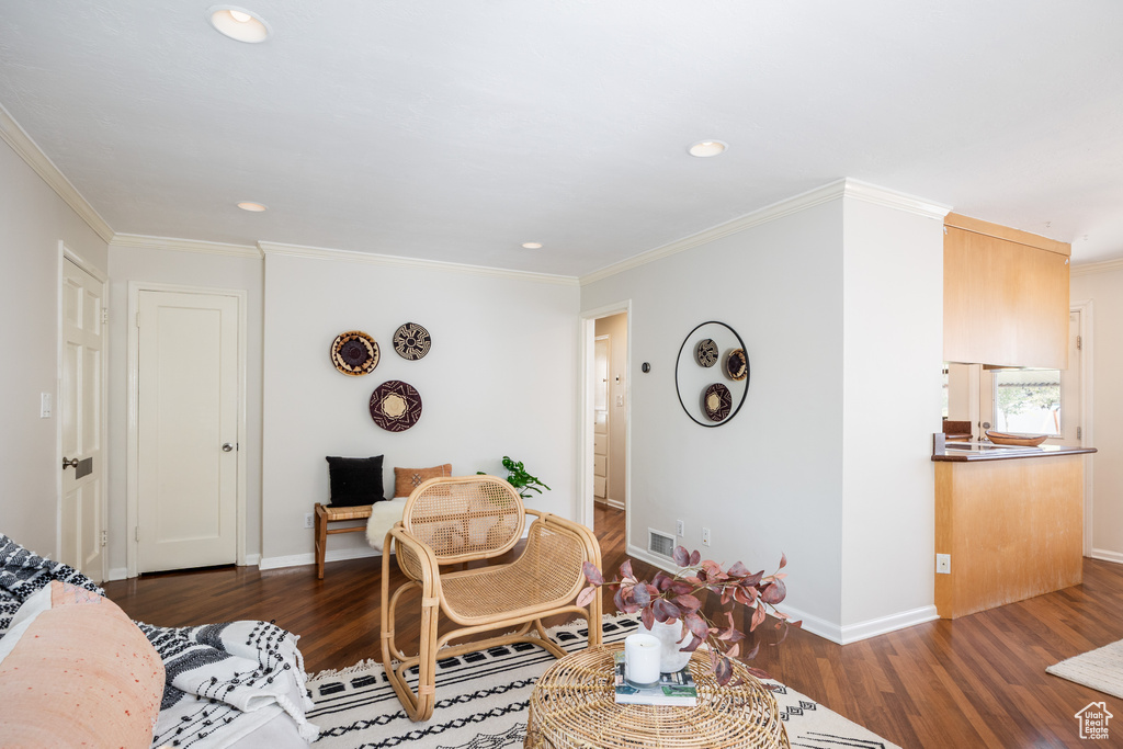Living room featuring wood finished floors, ornamental molding, and recessed lighting