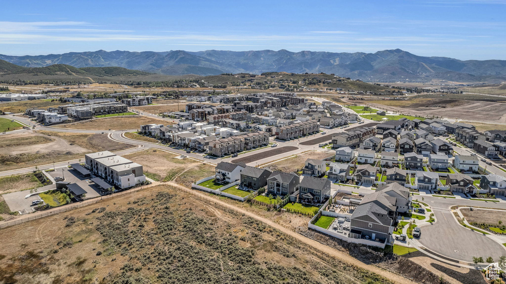 Aerial view of residential area with mountains