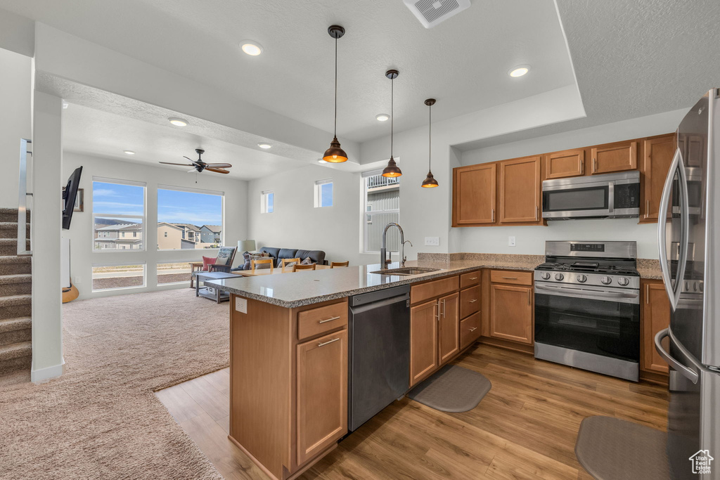 Kitchen with appliances with stainless steel finishes, open floor plan, a peninsula, brown cabinets, and a ceiling fan