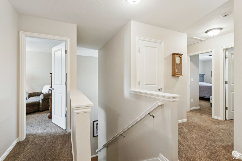 Hallway with dark carpet and an upstairs landing