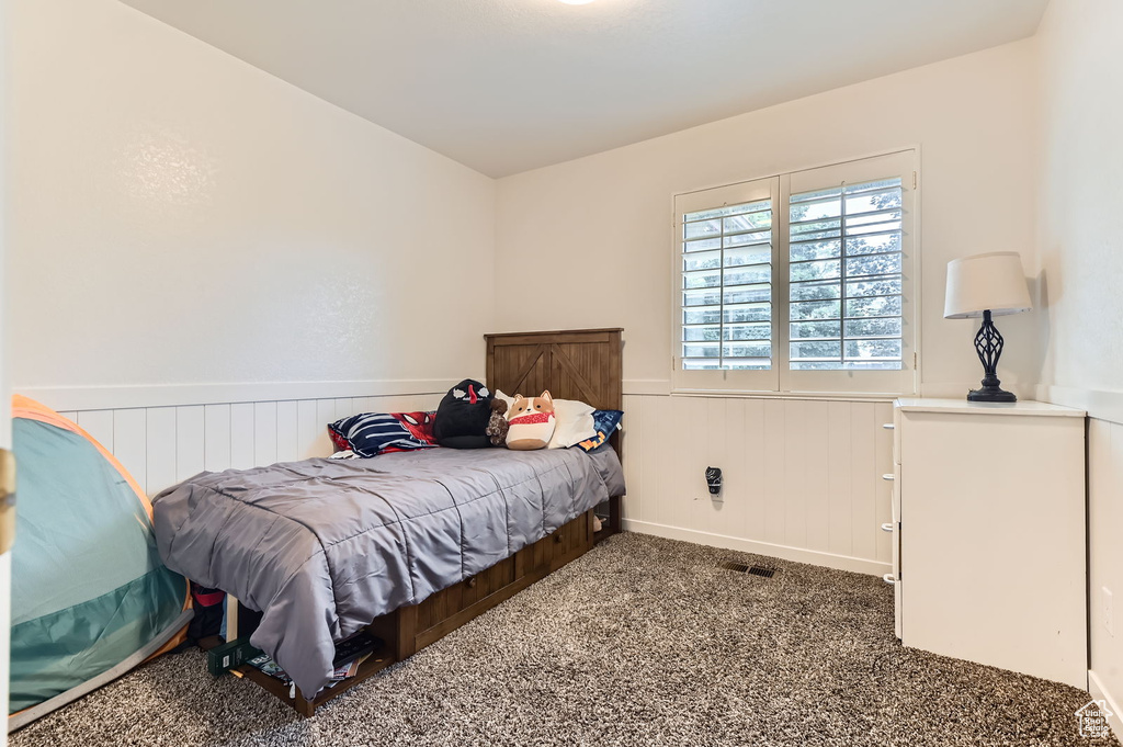 Bedroom with carpet and a wainscoted wall
