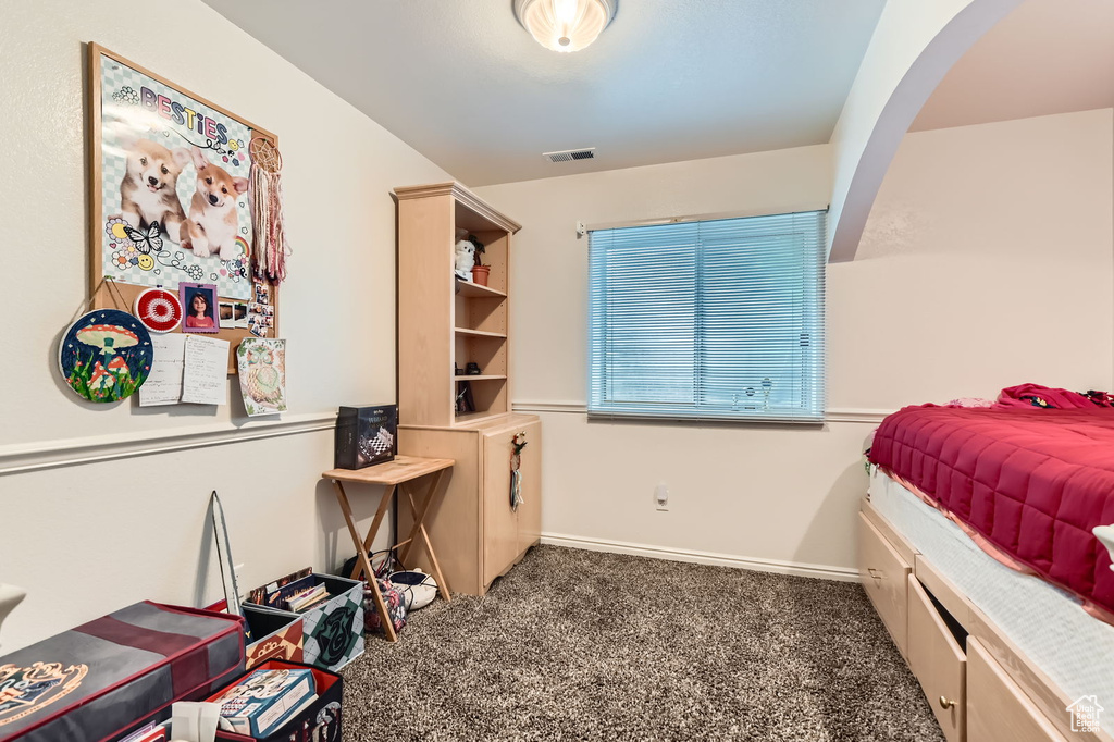 Bedroom with carpet and arched walkways