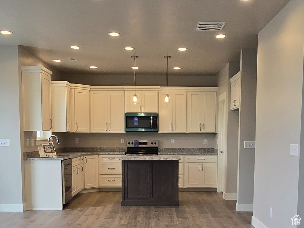 Kitchen with stainless steel appliances, wood finished floors, recessed lighting, open floor plan, and white cabinetry