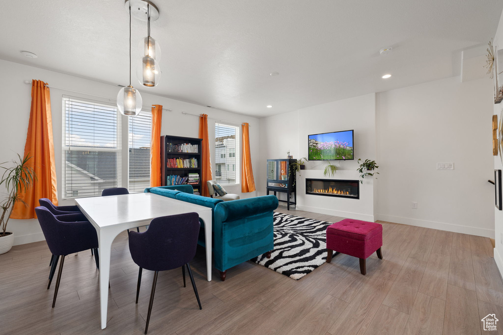 Living room with light wood-style floors, a glass covered fireplace, and recessed lighting