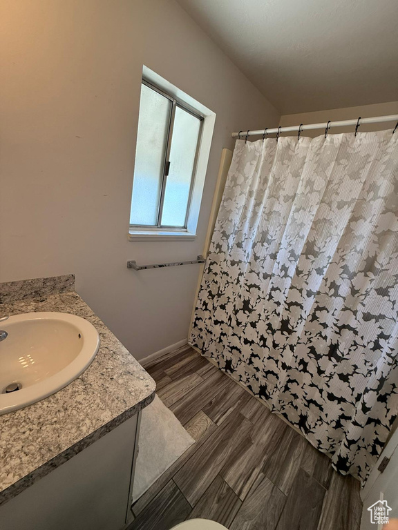 Full bathroom featuring vanity, a shower with shower curtain, wood finished floors, and baseboards