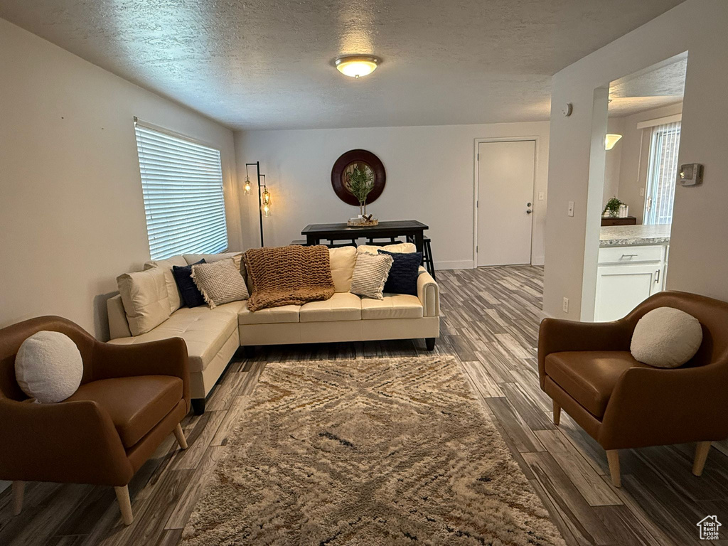 Living room featuring wood finished floors, a textured ceiling, and baseboards