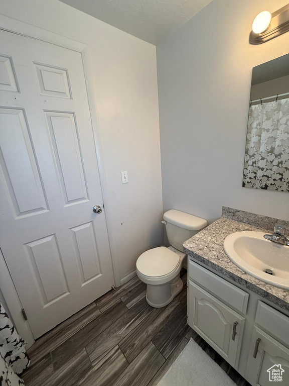 Bathroom featuring vanity, toilet, and wood finished floors