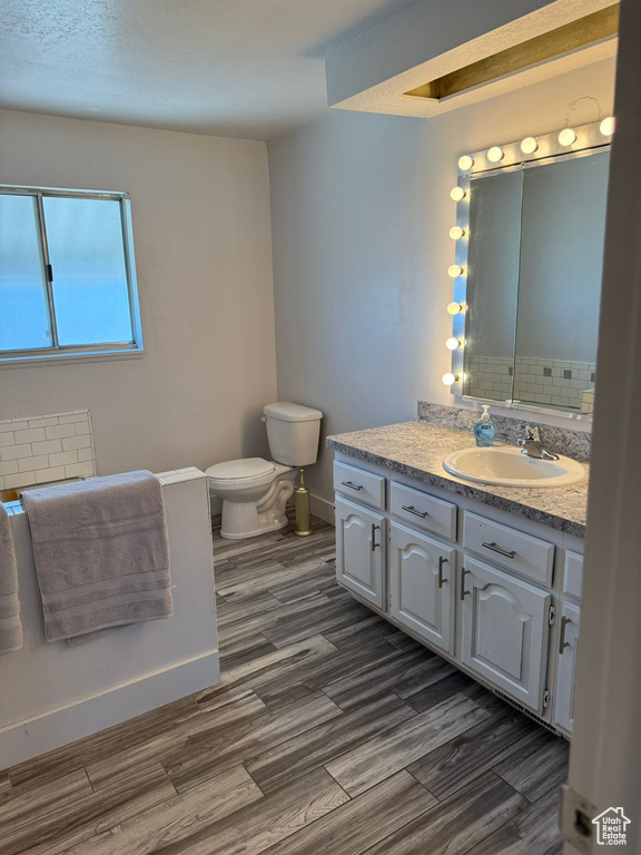 Bathroom with vanity, toilet, wood finished floors, baseboards, and tasteful backsplash