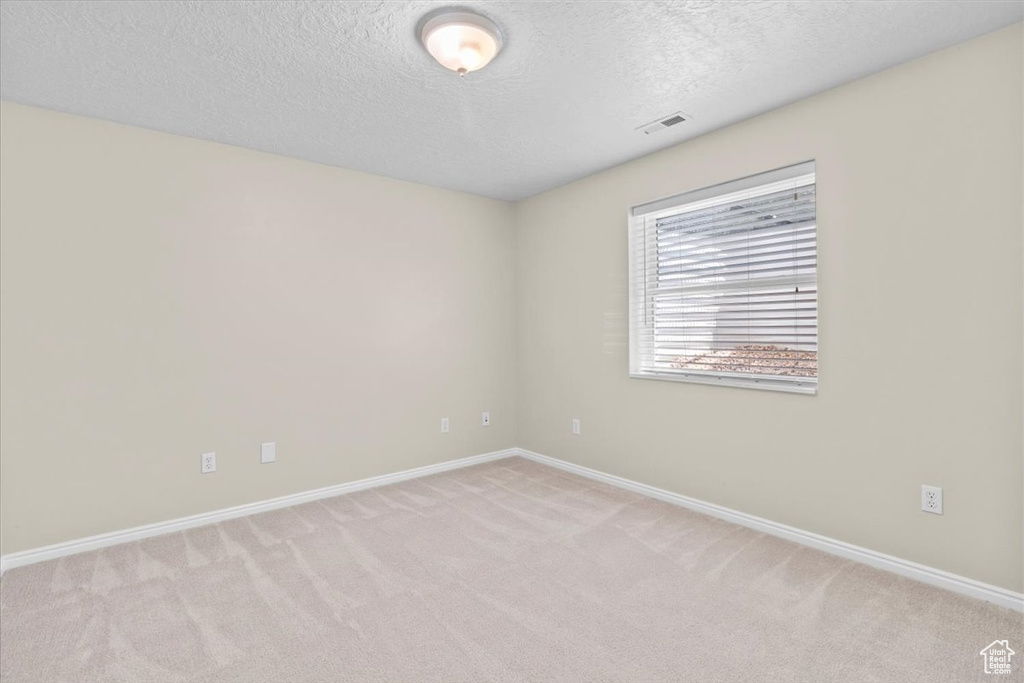 Unfurnished room with light carpet and a textured ceiling