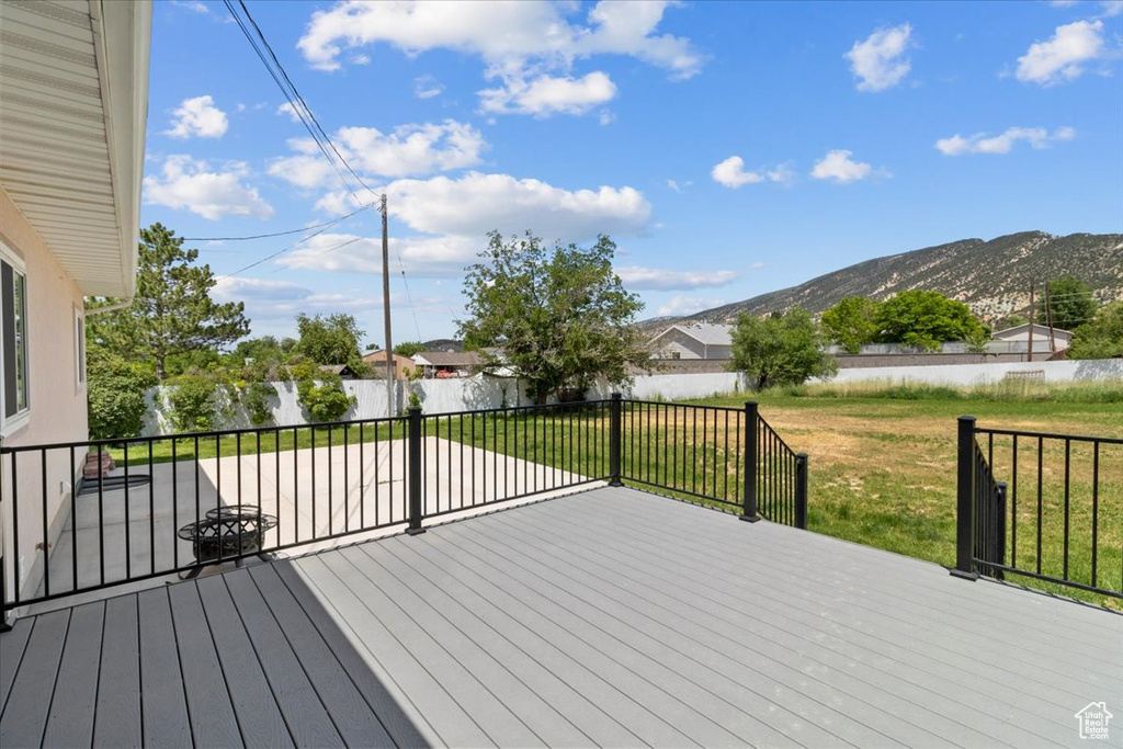 Wooden deck featuring a mountain view and a fenced backyard