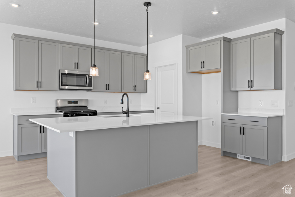 Kitchen featuring appliances with stainless steel finishes, gray cabinets, light wood finished floors, and recessed lighting