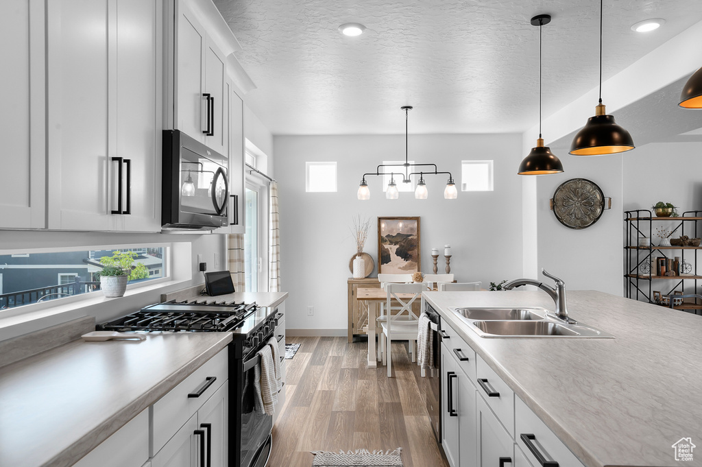 Kitchen featuring stainless steel appliances, light countertops, light wood finished floors, pendant lighting, and healthy amount of natural light