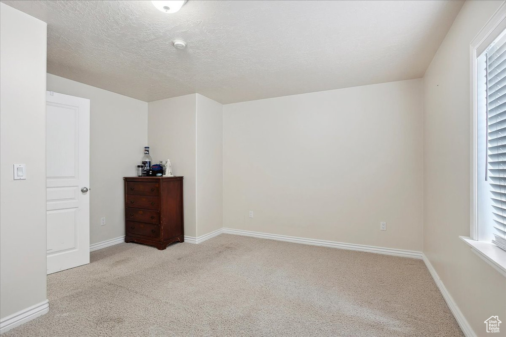 Unfurnished bedroom featuring carpet floors, multiple windows, and a textured ceiling