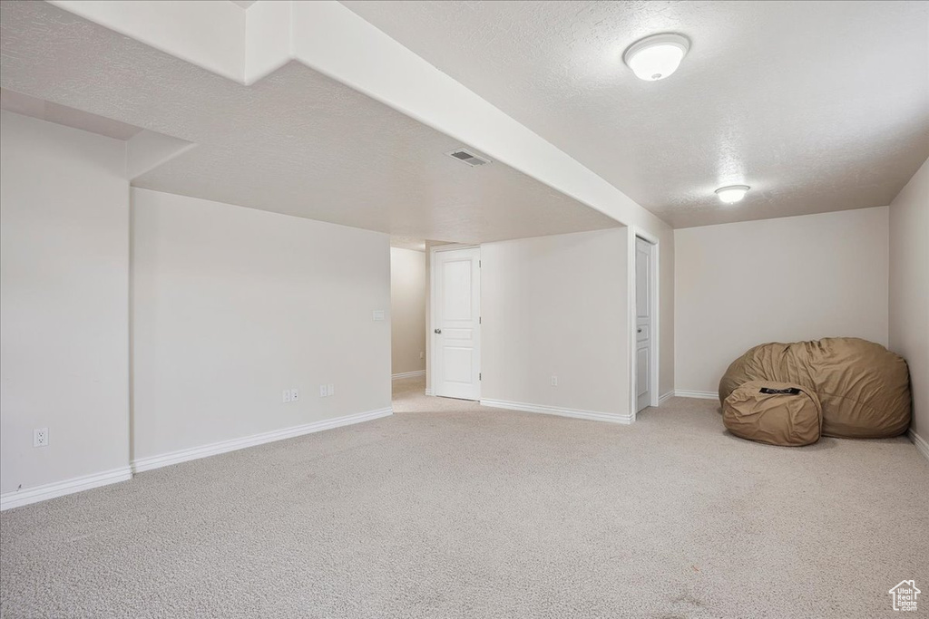 Below grade area with light carpet and a textured ceiling