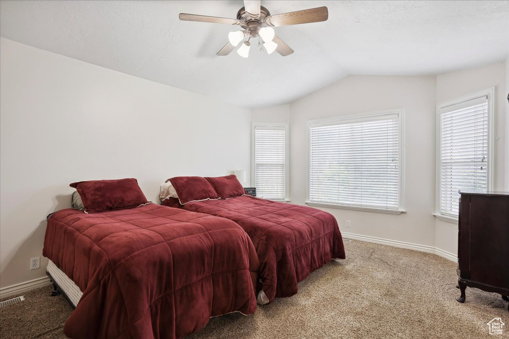 Bedroom with carpet floors, vaulted ceiling, multiple windows, and a ceiling fan