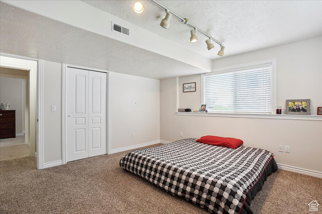 Bedroom featuring carpet, rail lighting, a textured ceiling, and a closet