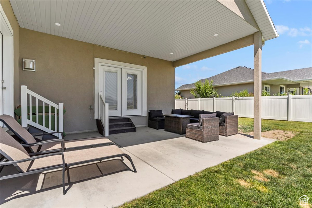 View of patio / terrace featuring french doors, an outdoor hangout area, and entry steps
