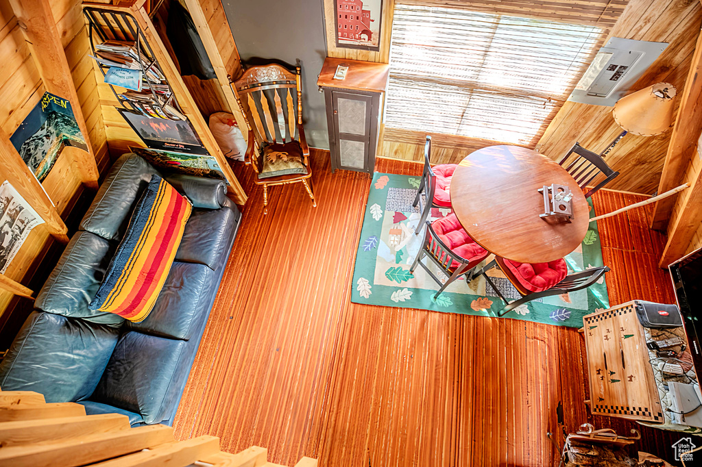 Living area with wood walls