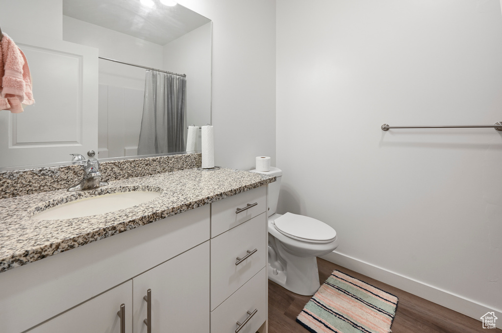 Bathroom with wood finished floors, vanity, and a shower with shower curtain