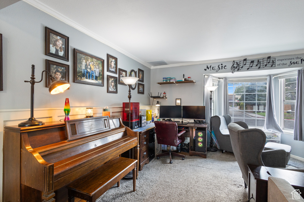 Carpeted home office with ornamental molding and a wainscoted wall