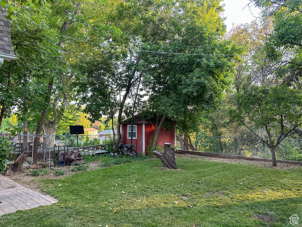 View of yard featuring a shed