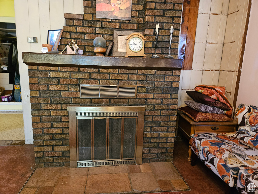 Detailed view of a brick fireplace