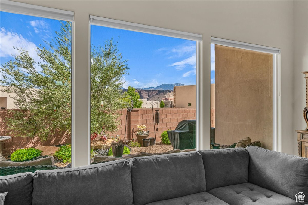 Living room with a mountain view