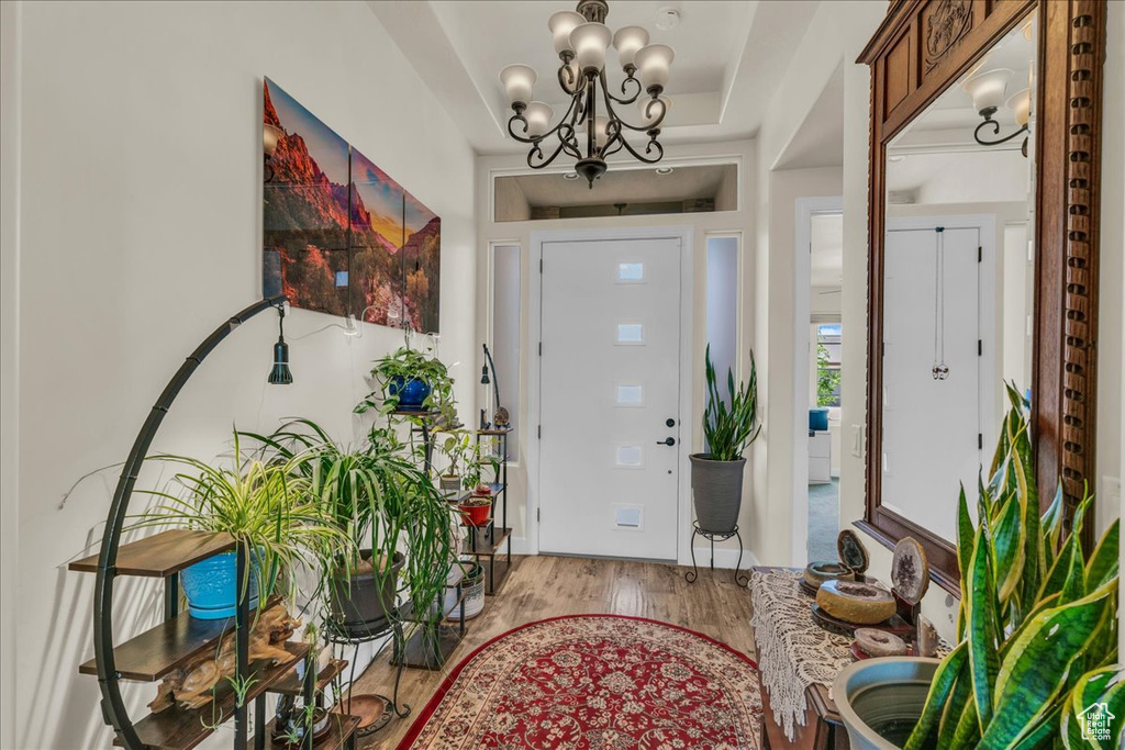 Foyer with a chandelier, wood finished floors, and a tray ceiling