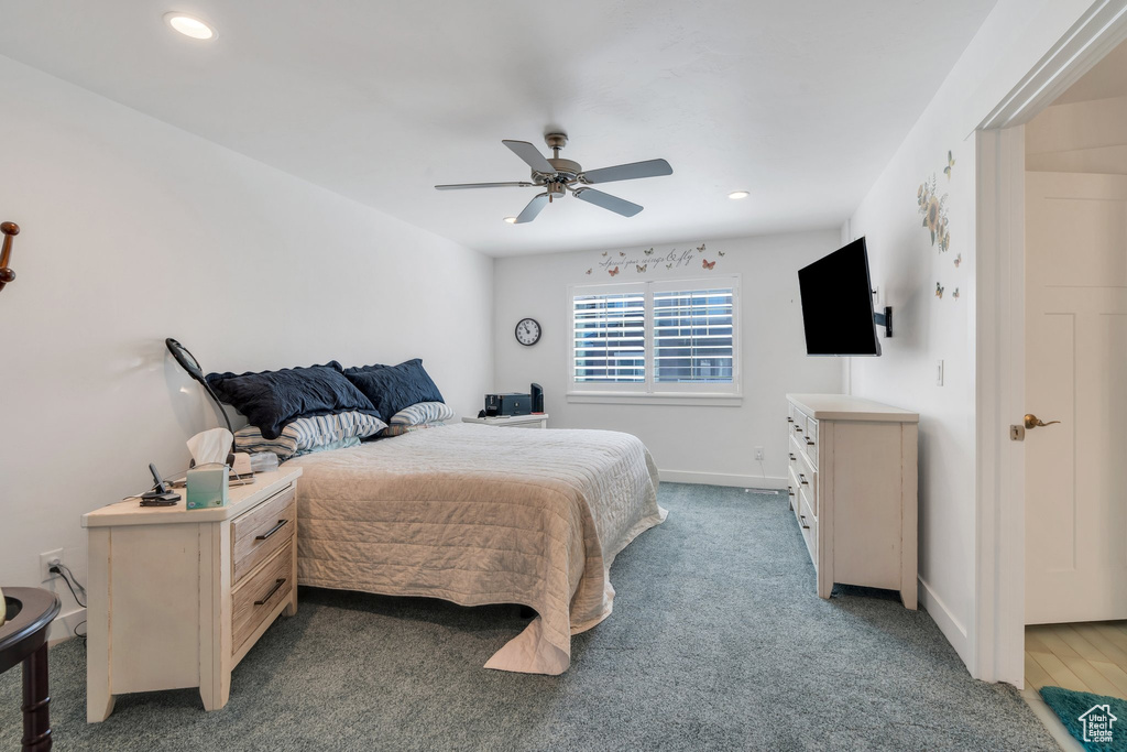 Bedroom with recessed lighting, ceiling fan, and carpet flooring
