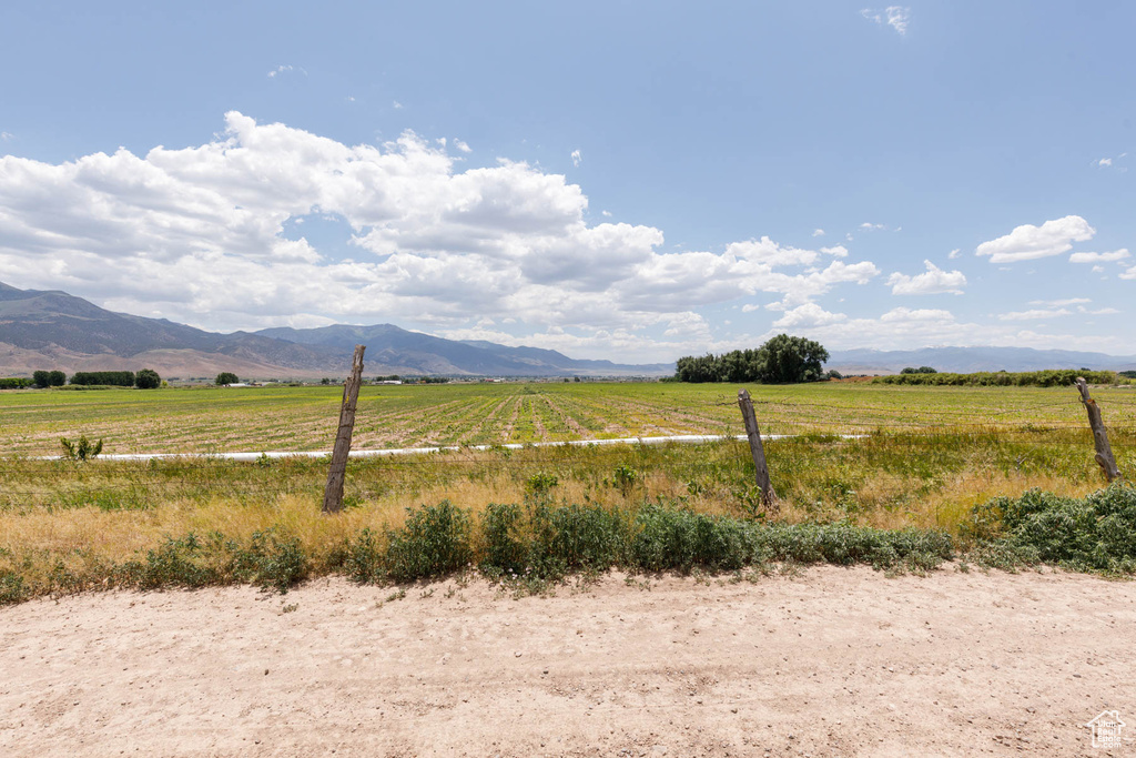 View of mountain backdrop with rural landscape