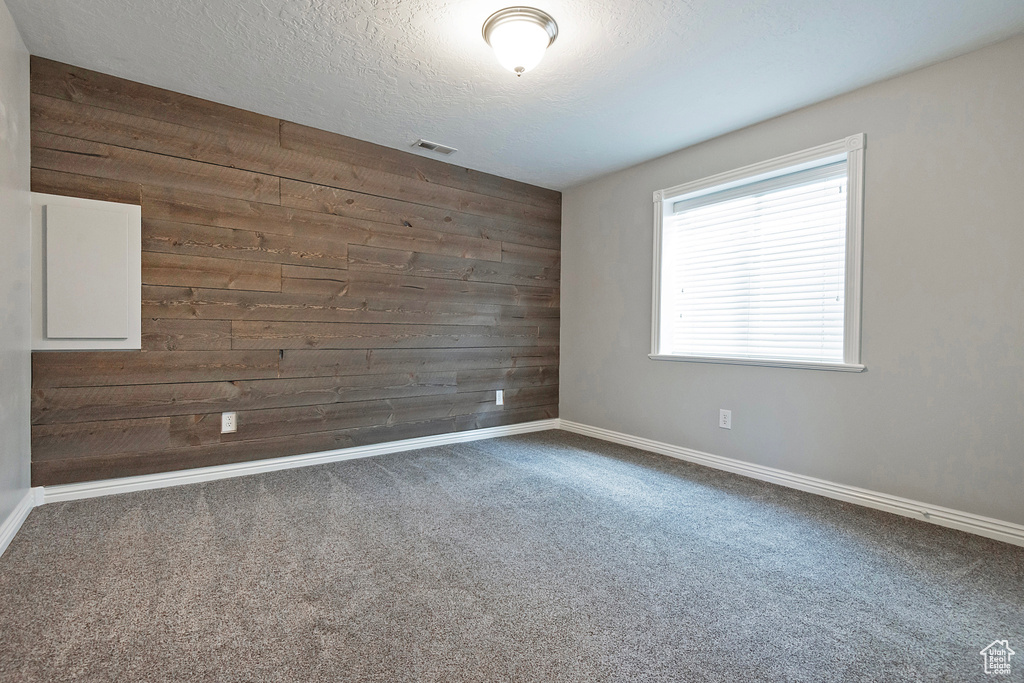 Spare room featuring wood walls, carpet, and a textured ceiling