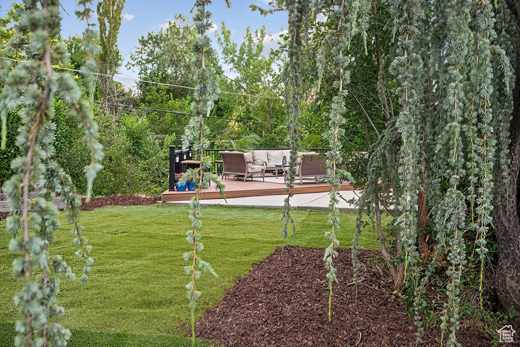 View of green lawn featuring a wooden deck and an outdoor hangout area