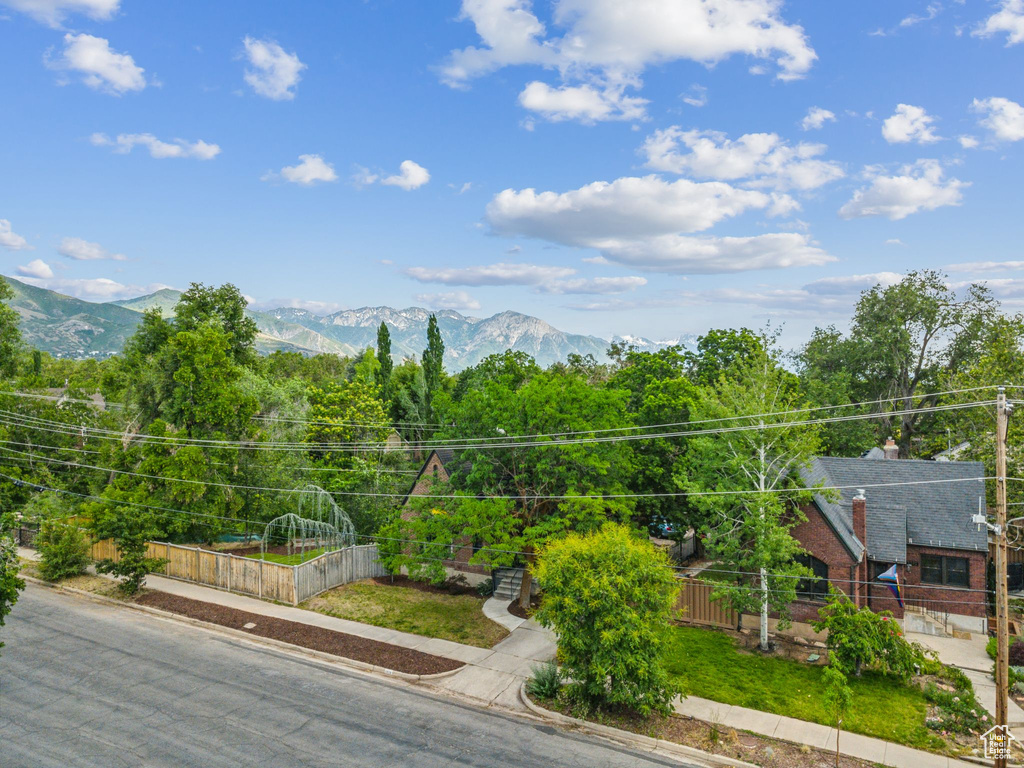 View of yard featuring a garden and a mountain view