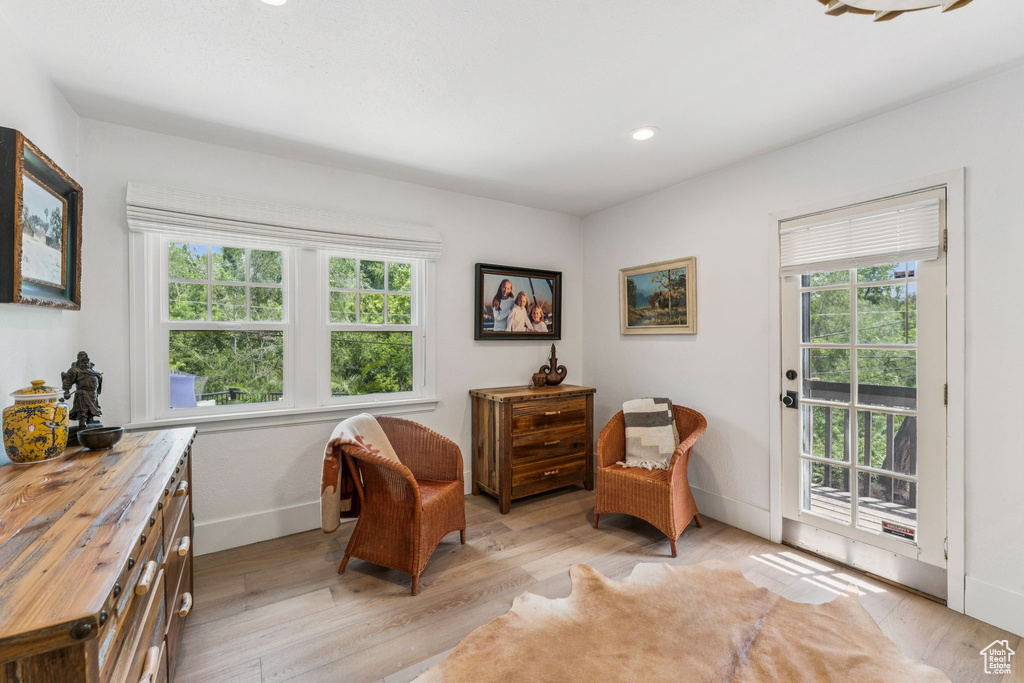 Living area featuring light wood-style flooring and recessed lighting