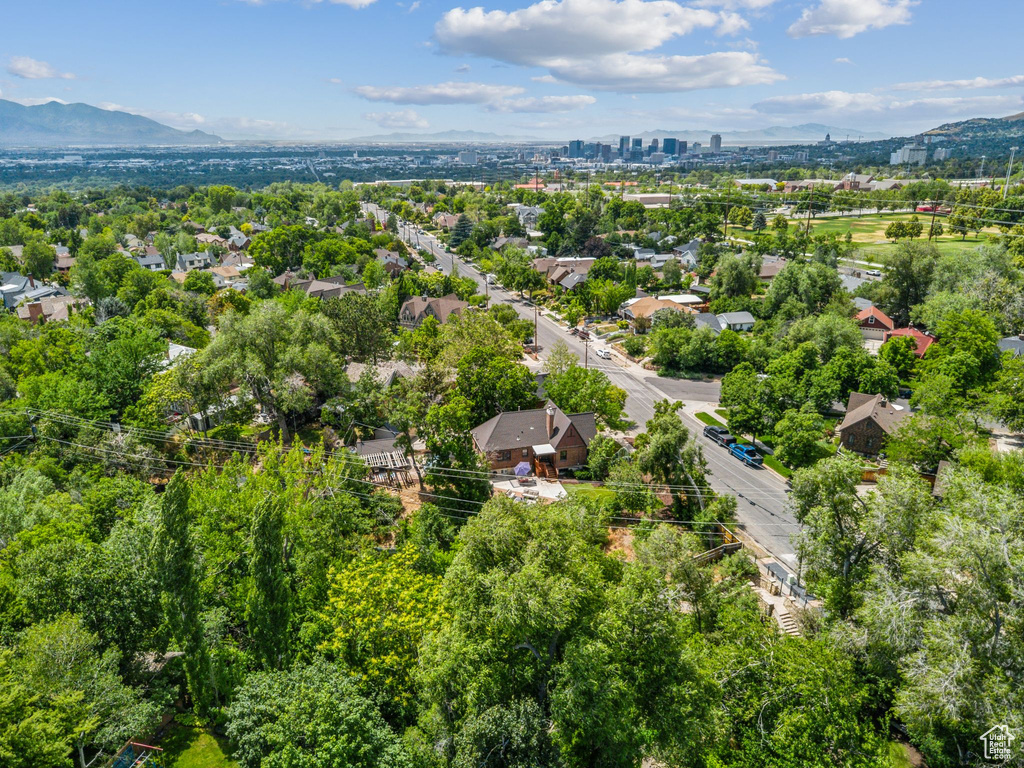 Drone / aerial view of a mountainous background