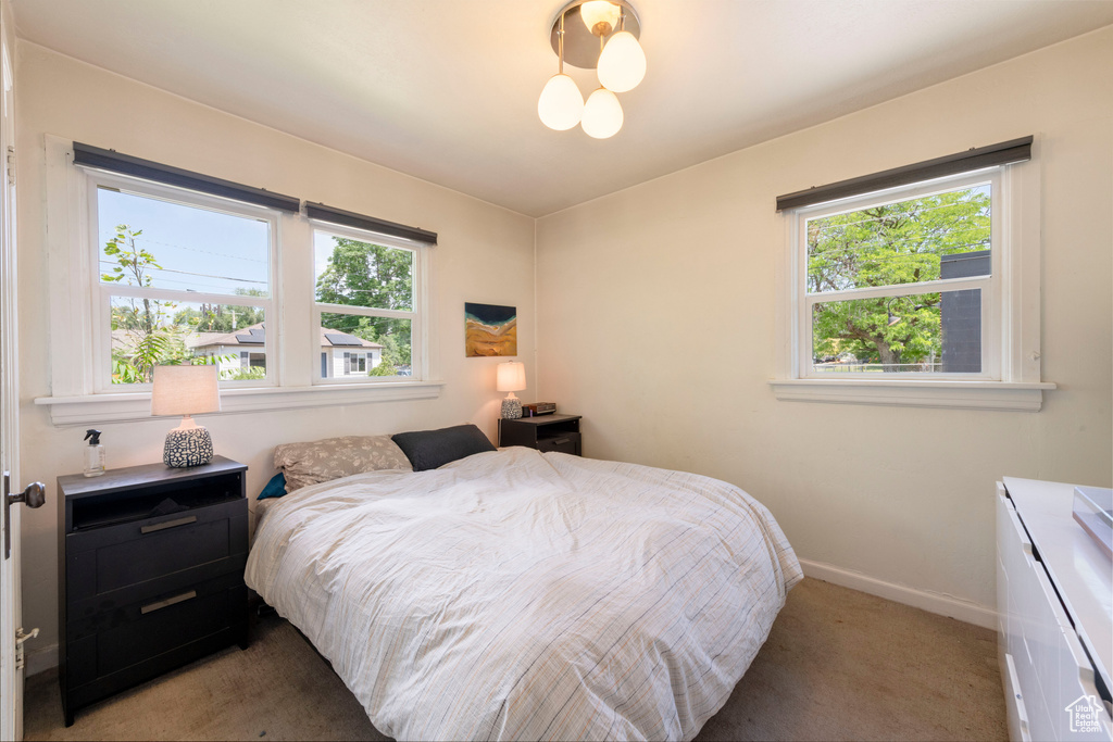 Bedroom with multiple windows and light carpet