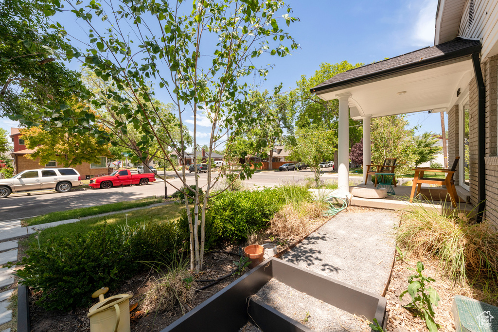 View of yard featuring covered porch