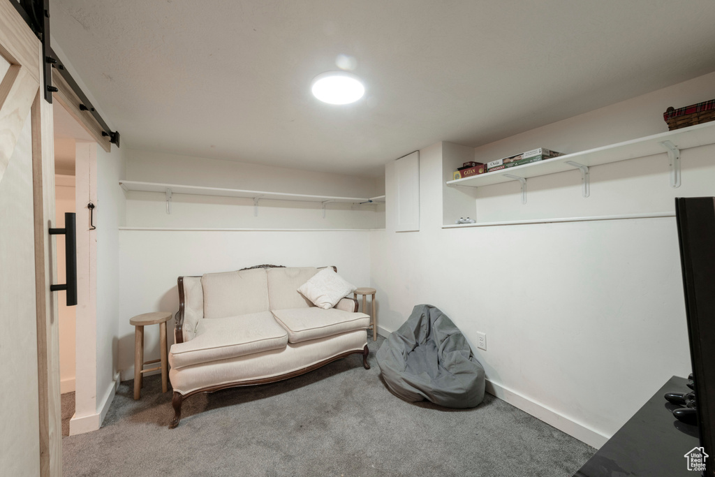 Living area with a barn door and carpet floors