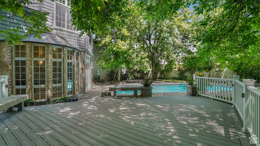 Wooden deck featuring a fenced backyard