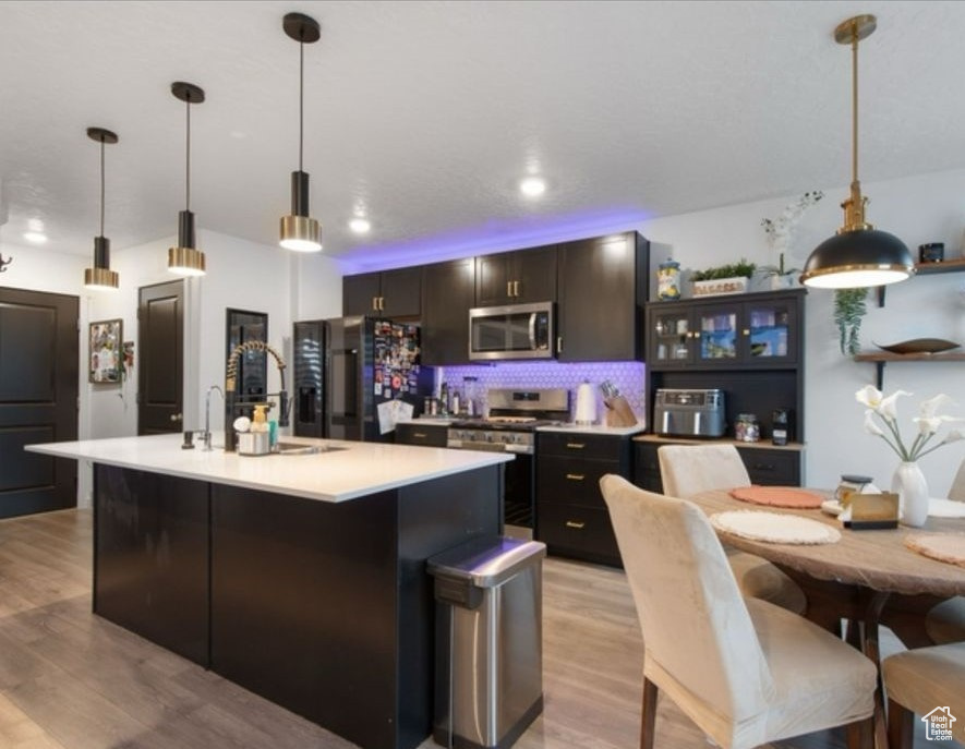 Kitchen with appliances with stainless steel finishes, light wood-type flooring, light countertops, a kitchen island with sink, and tasteful backsplash